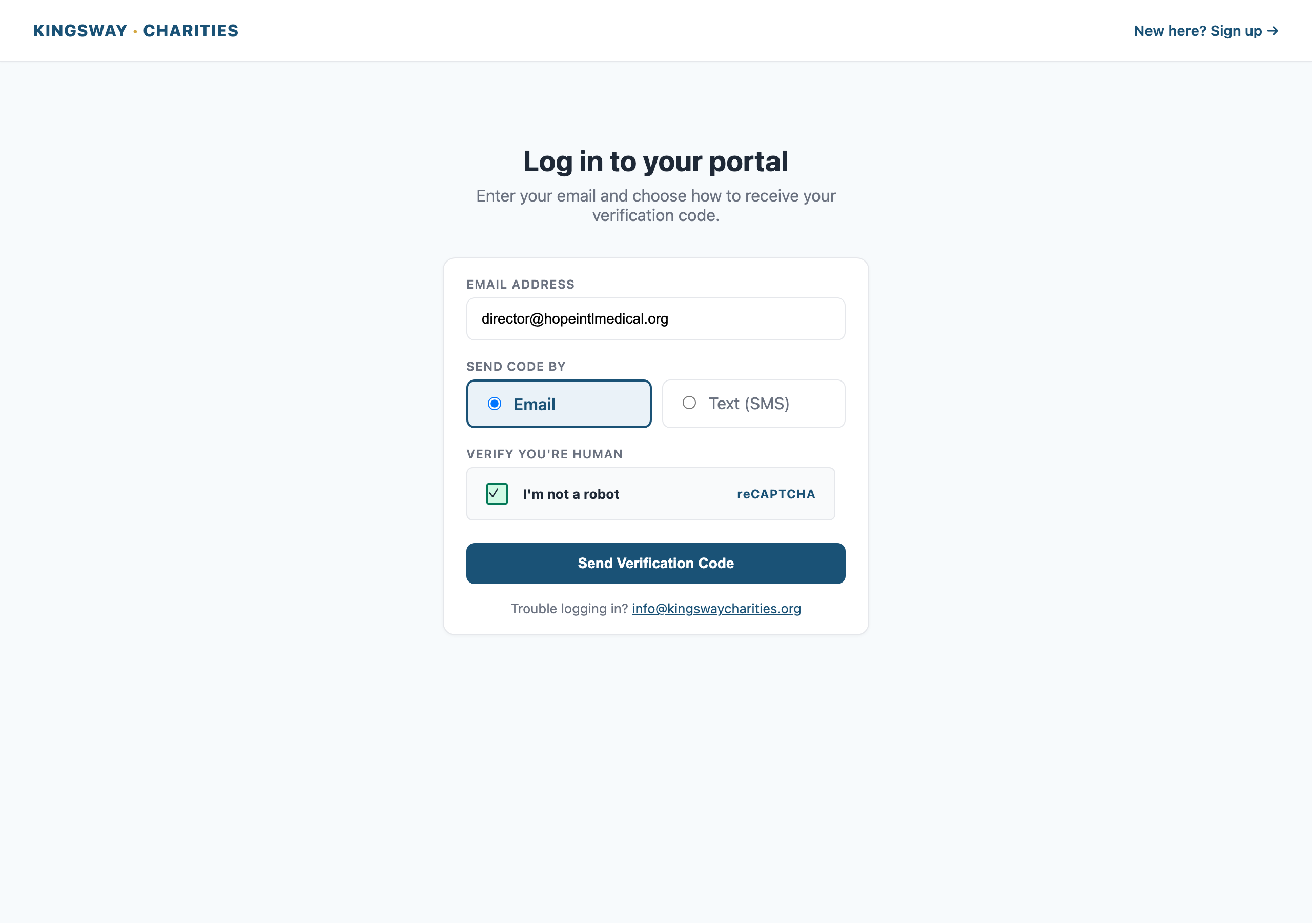 Login page — email + reCAPTCHA + Send Verification Code
