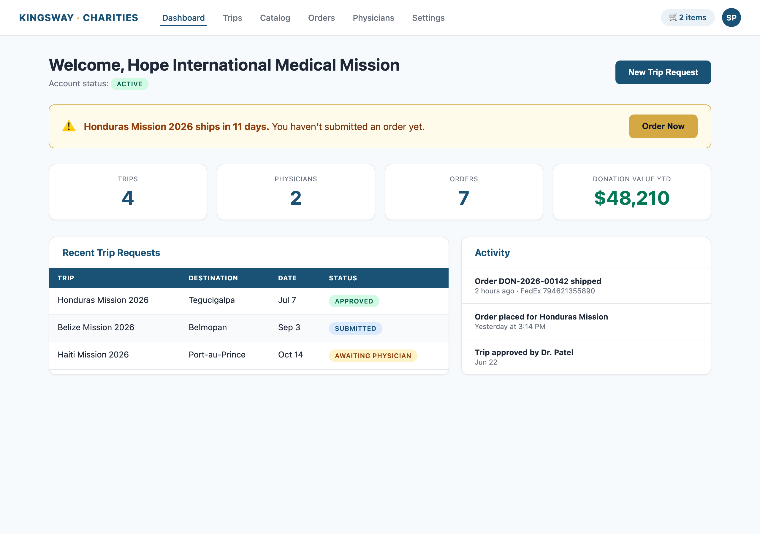 Dashboard — stats cards, recent trips, activity feed