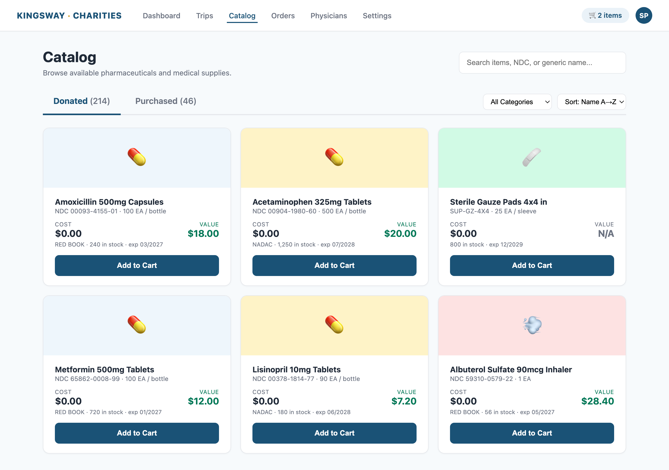 Catalog page — two tabs Donated and Purchased, filterable grid