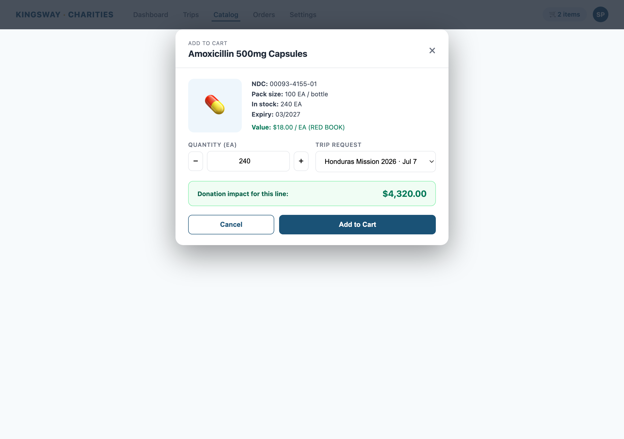 Add to cart modal — select trip, quantity, confirm