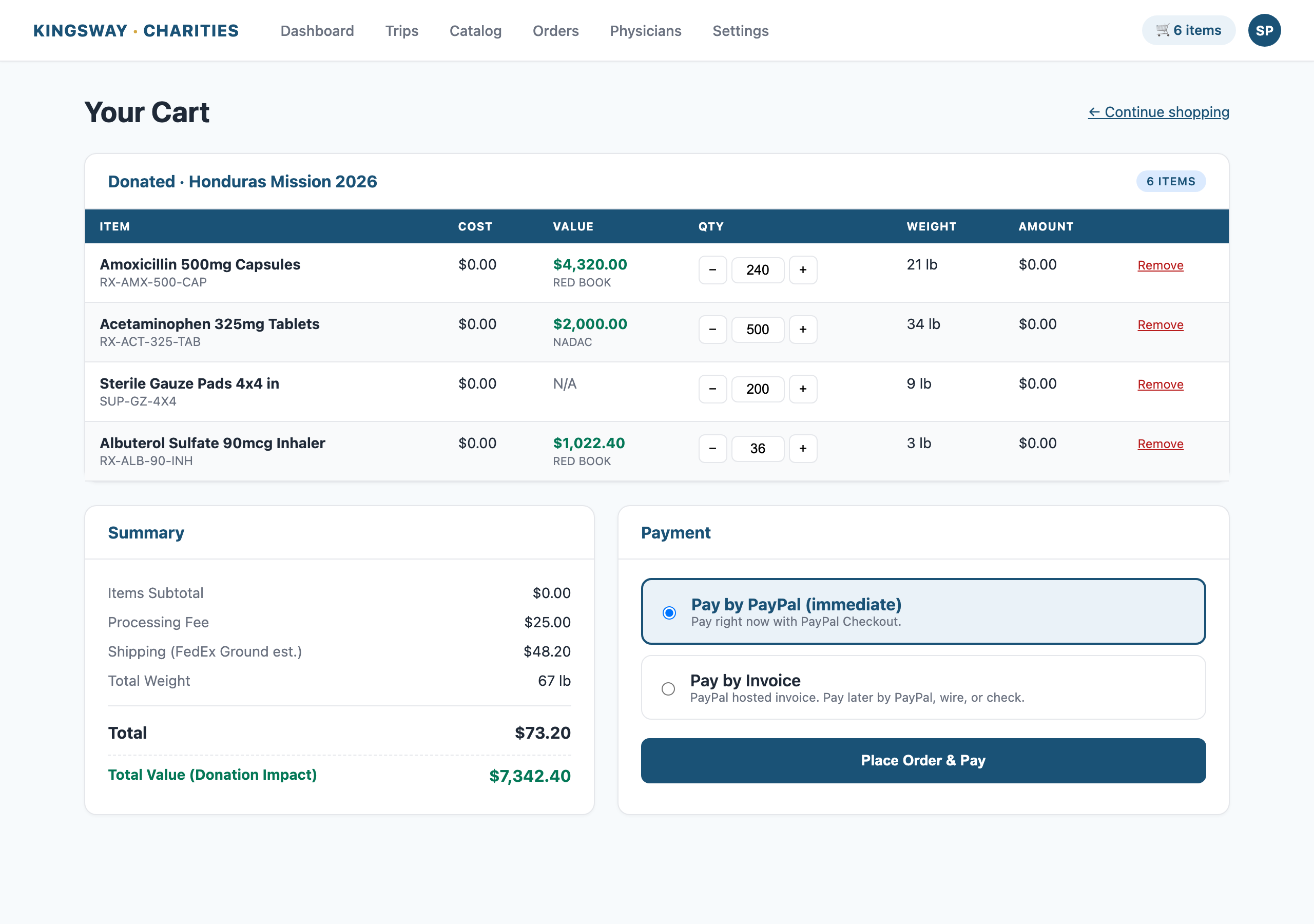Cart page — itemized table, Value column, Total Value row