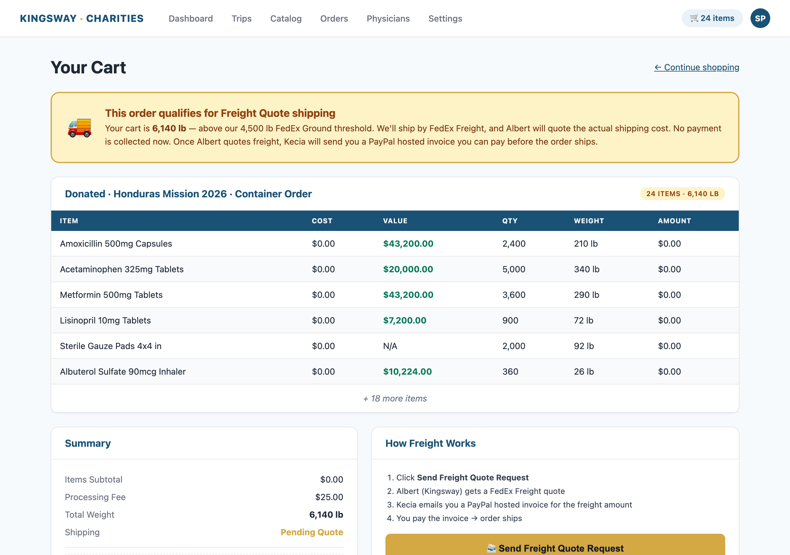 Cart with freight banner — Send Freight Quote Request button