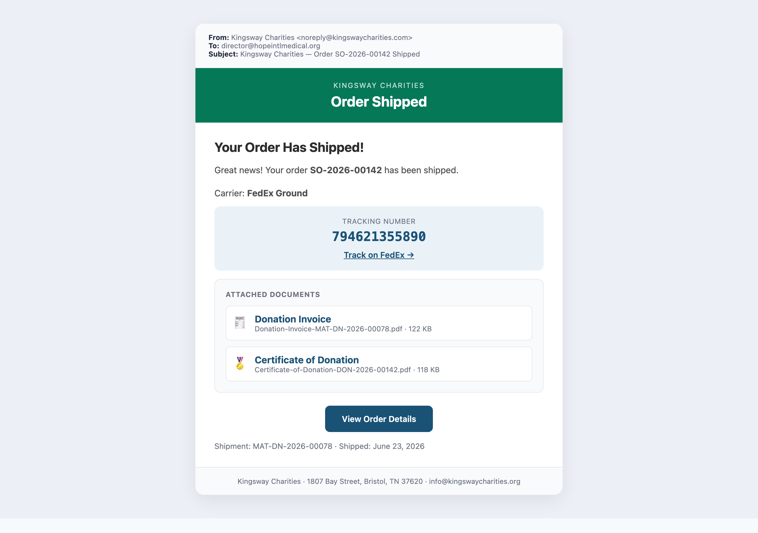 Shipping email — tracking link + attached PDFs