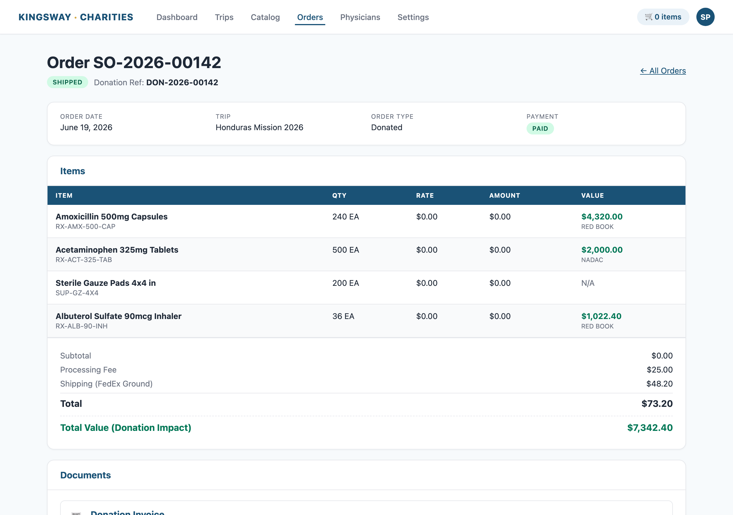 Order detail page — Documents card + tracking