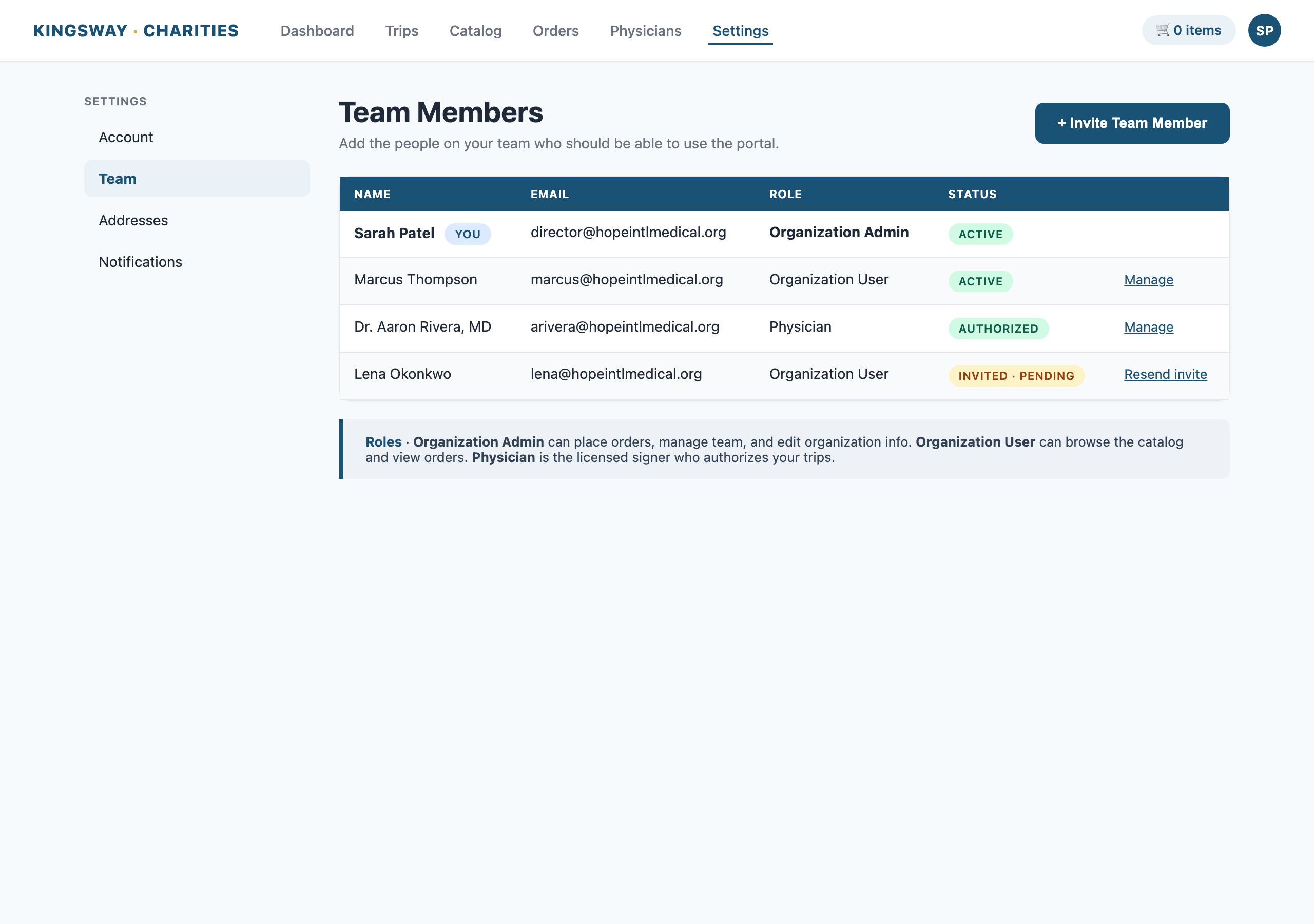 Settings team management
